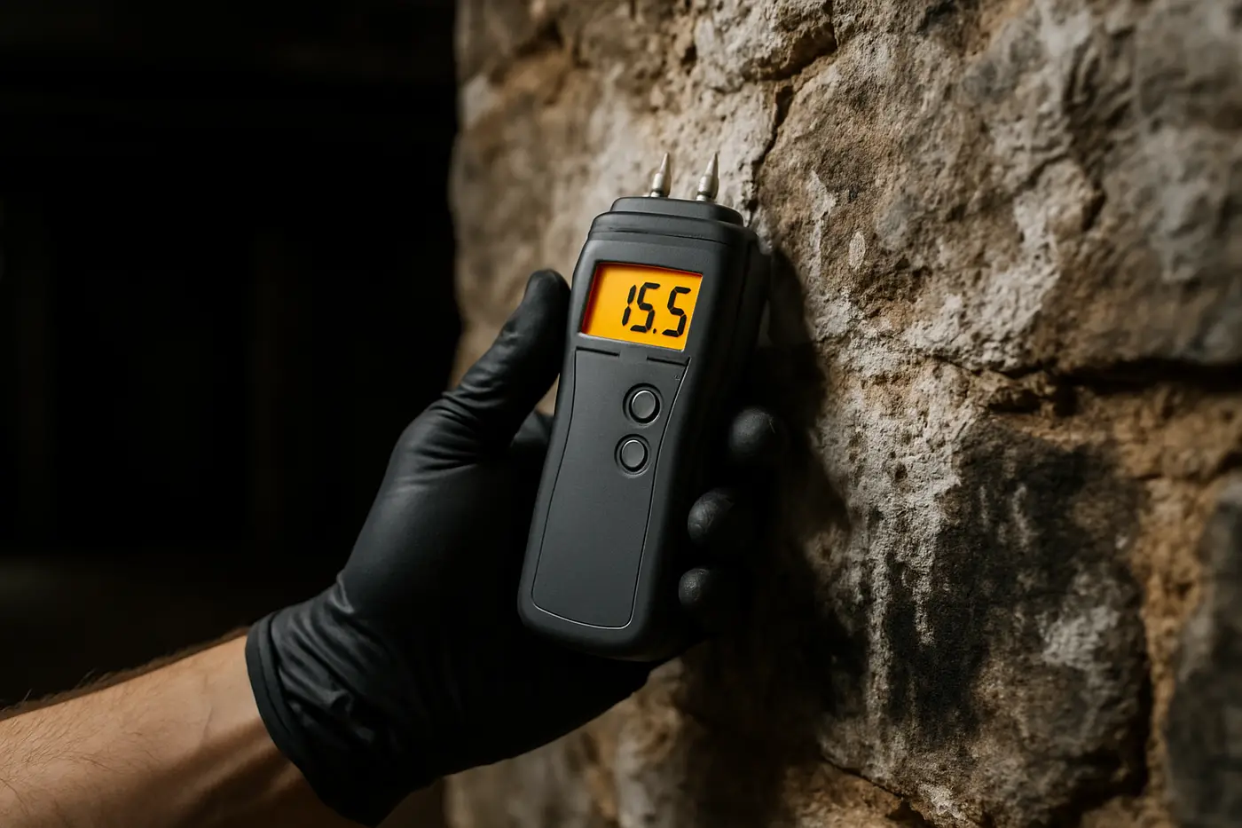 Technician taking a moisture meter reading on a stone foundation wall in a Philadelphia basement