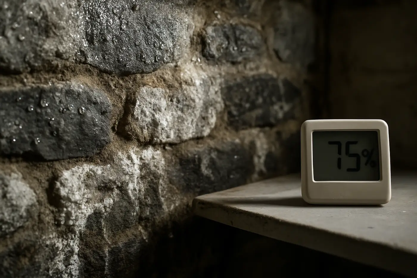 Why Philadelphia rowhome basements grow mold Condensation beading on a stone foundation wall in a humid Philadelphia basement