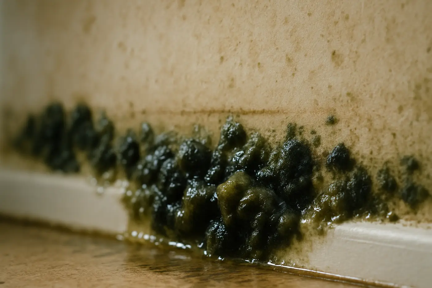 Close-up of dark greenish-black mold on wet drywall paper near a baseboard