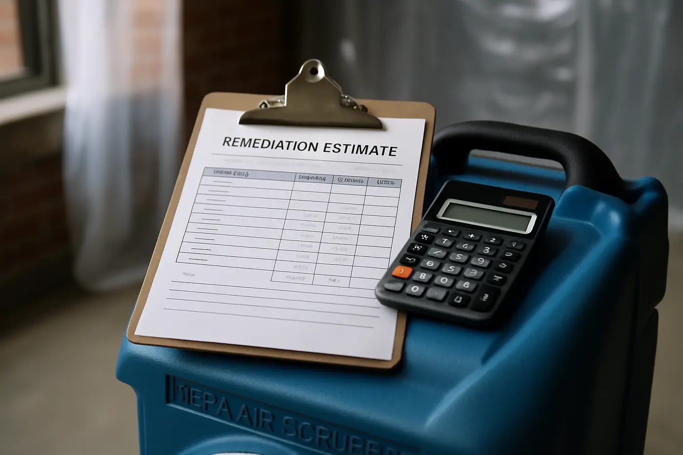 Mold remediation cost in Philadelphia Clipboard with an itemized mold remediation estimate resting on a HEPA air scrubber