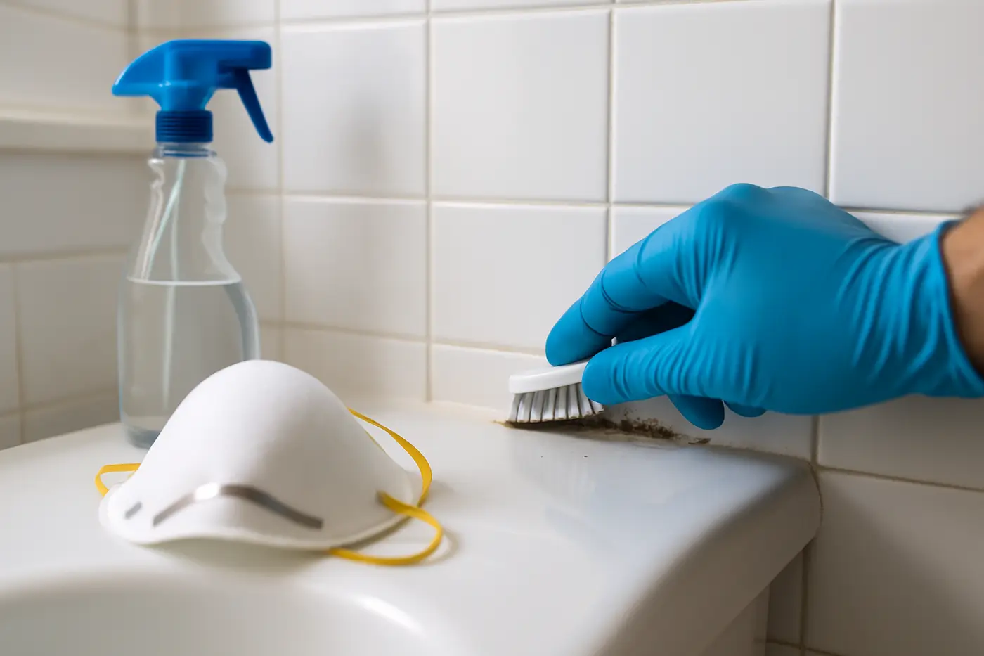 DIY mold removal: when to call a professional Gloved hand scrubbing a small patch of mold on a tiled bathroom wall with a spray bottle nearby