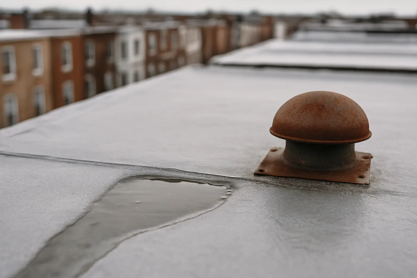 Silver-coated flat roof of a Philadelphia rowhome with a bath fan vent and pooling water at a seam