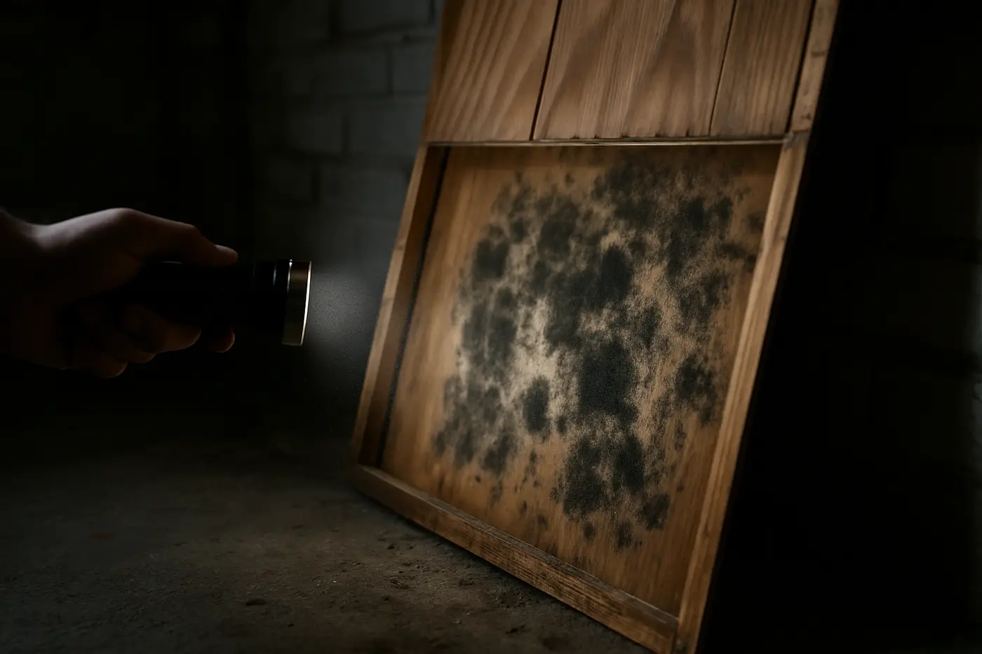 Signs of hidden mold in a Philadelphia rowhome Flashlight revealing mold behind basement paneling in a Philadelphia rowhome
