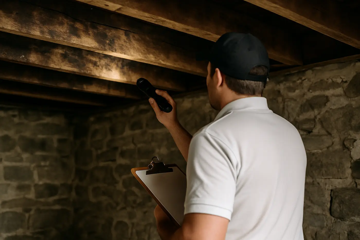 Mold found during a Philadelphia home inspection Home inspector pointing a flashlight at stained floor joists in a stone-walled Philadelphia basement