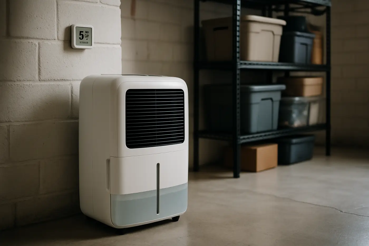 Dehumidifier running in a Philadelphia rowhome basement with a hygrometer reading on the wall