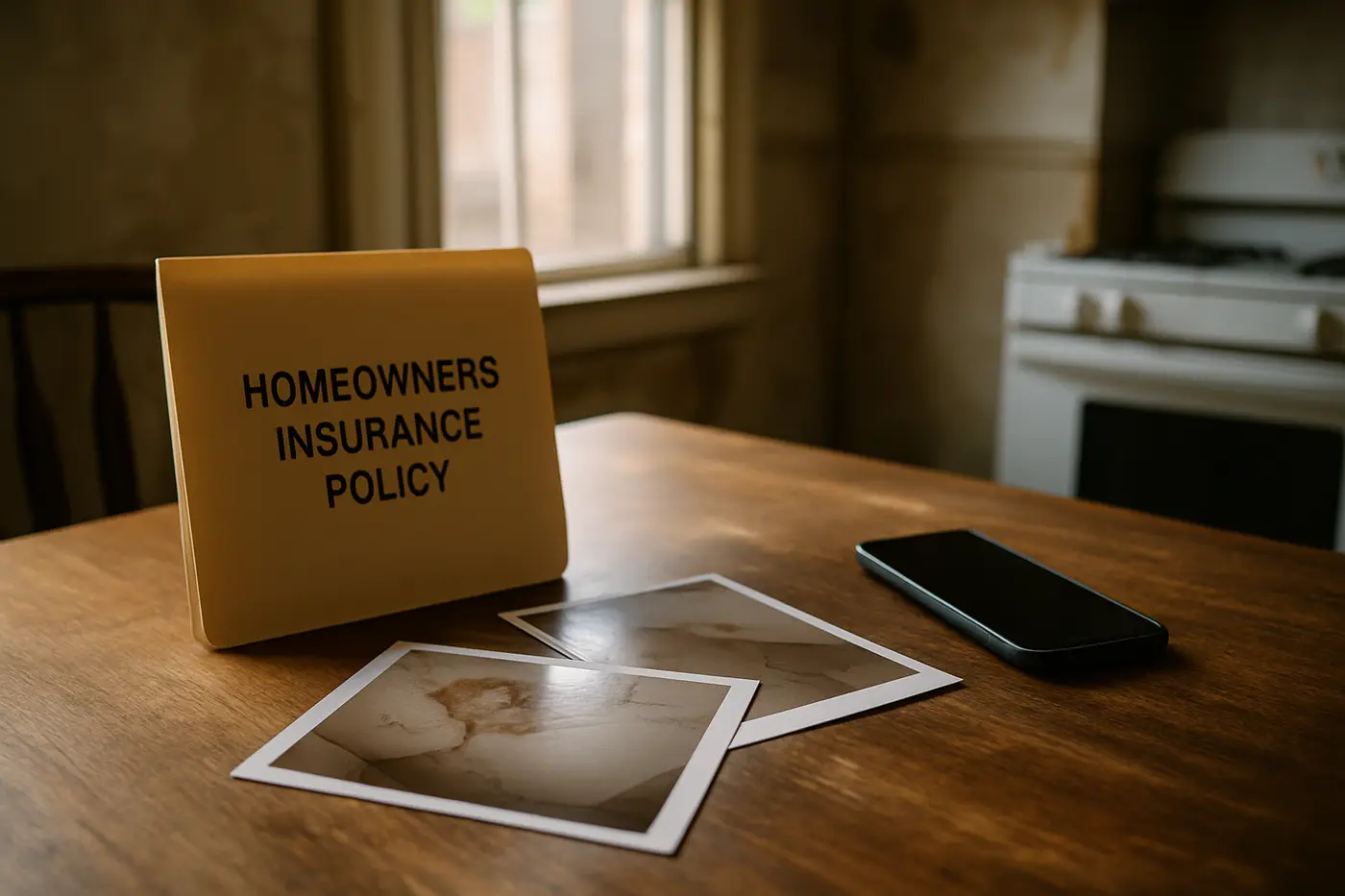 Does homeowners insurance cover mold in Pennsylvania Homeowners insurance policy and photos of water-stained drywall on a kitchen table