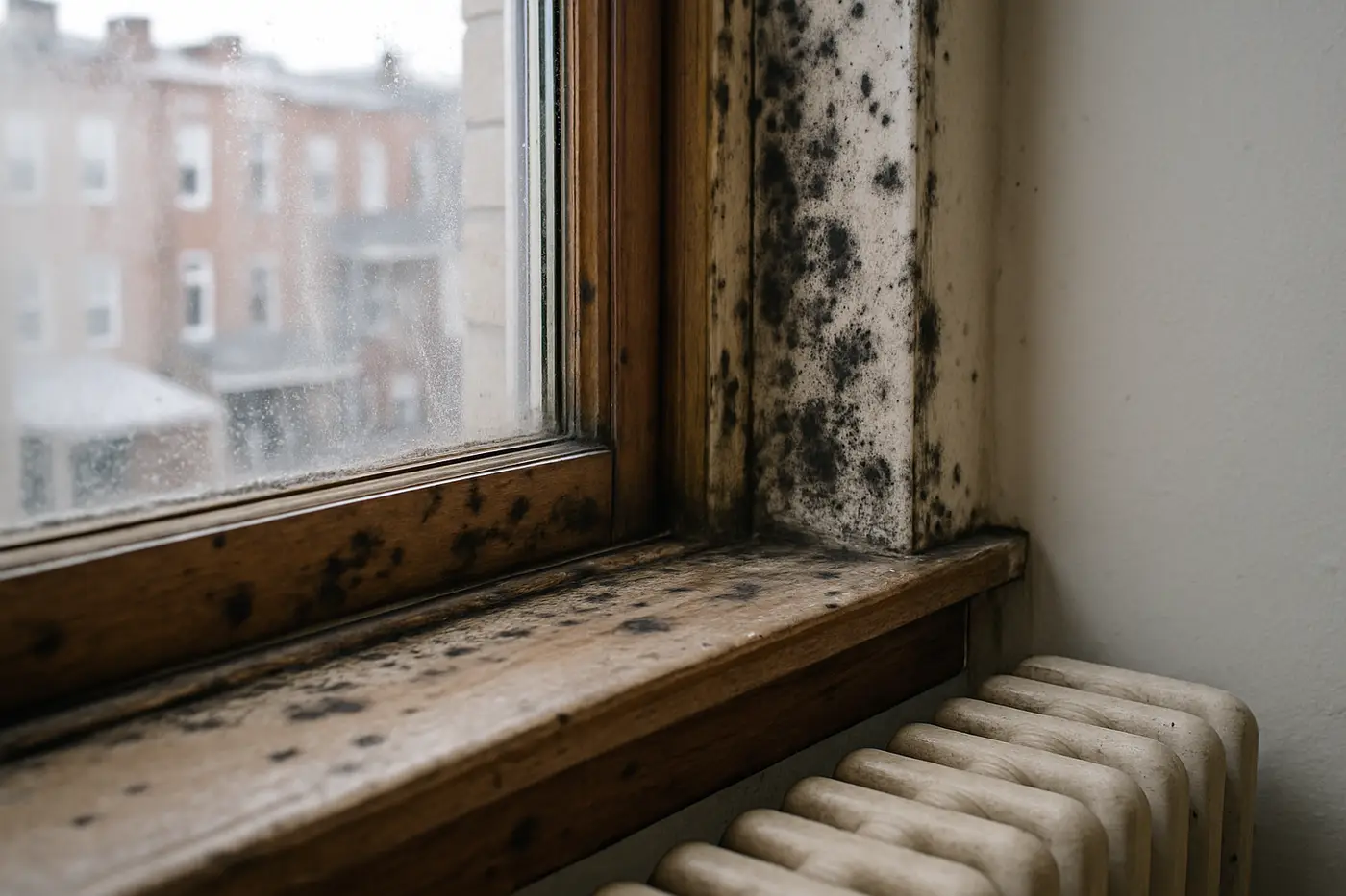 Mold in a Philadelphia rental Mold spotting around a window frame in a Philadelphia apartment bedroom