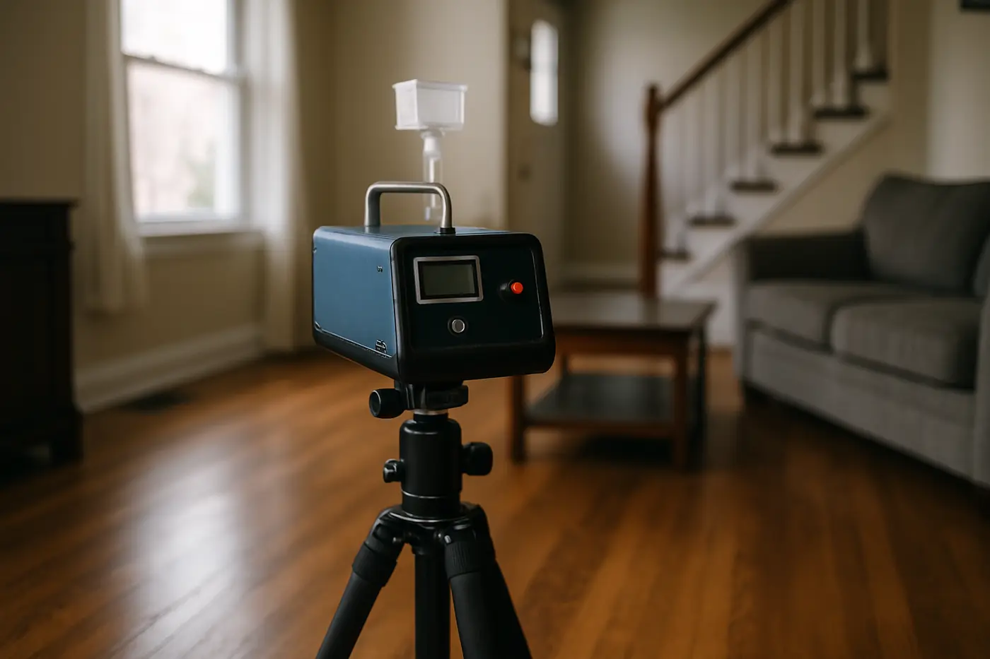 Mold inspection vs mold testing Air sampling pump and cassette set up on a tripod in a Philadelphia living room