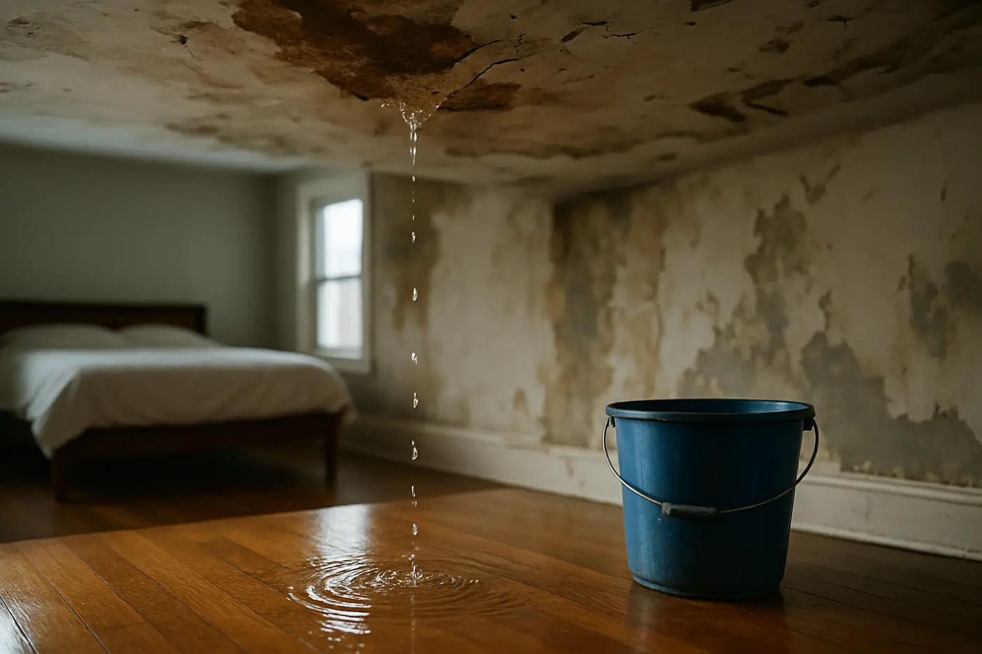 Mold after water damage in Philadelphia Water pooled on a hardwood floor below a stained ceiling in a Philadelphia rowhome