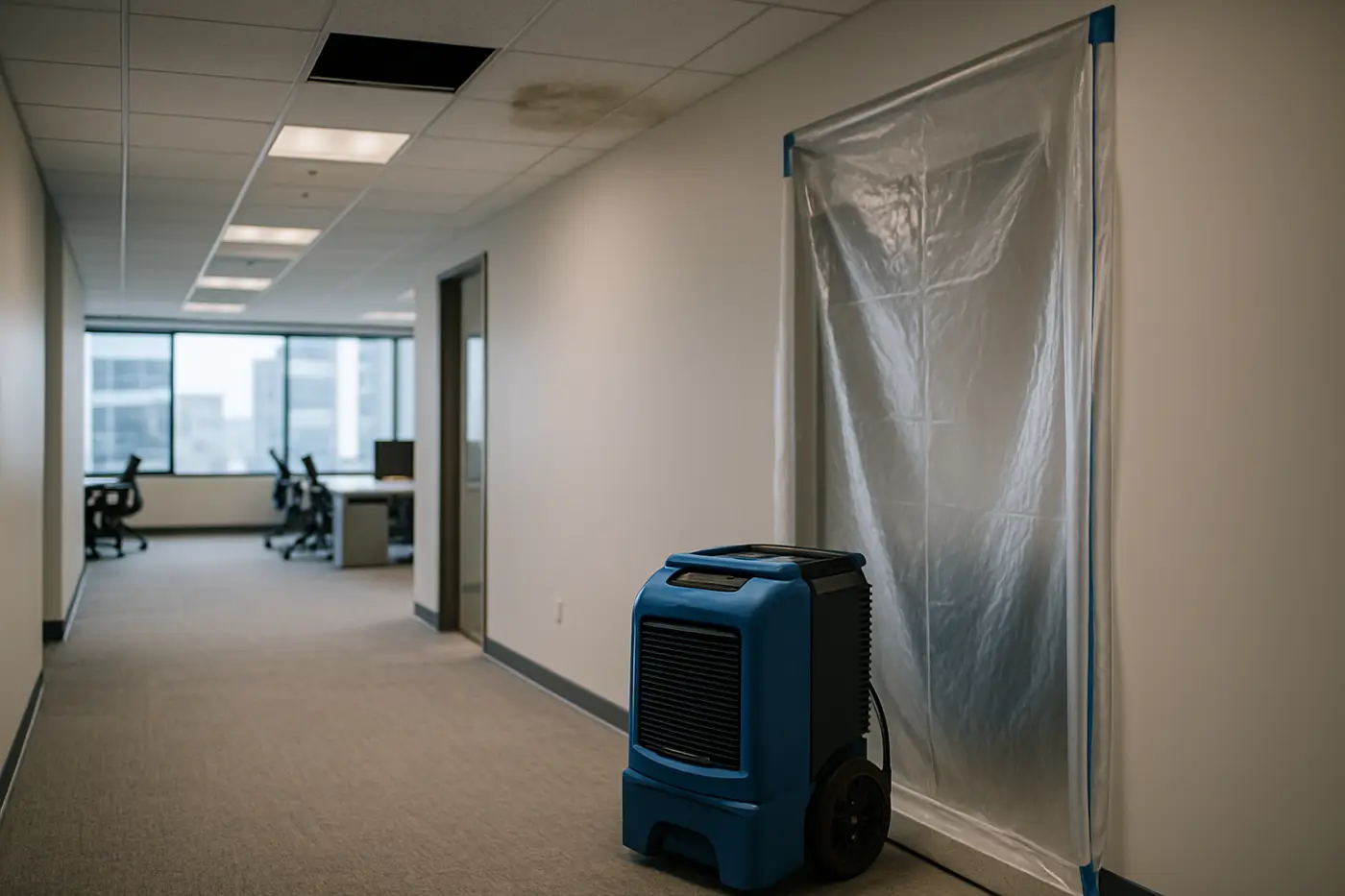 Commercial office corridor with containment and drying equipment after a ceiling leak