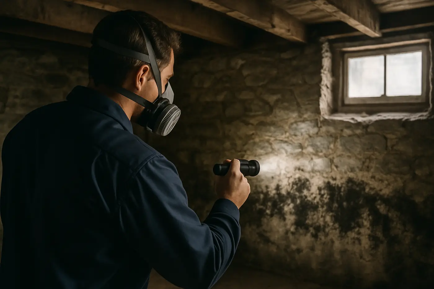 Mold remediation technician in a respirator inspecting a stained basement wall in a Philadelphia rowhome