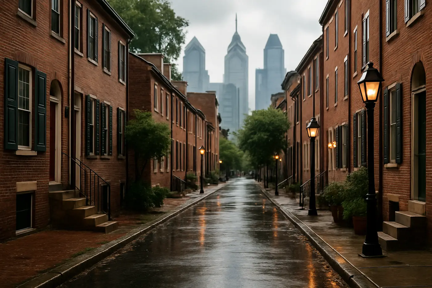 Center City Philadelphia street of brick rowhomes and trinities with the skyline behind