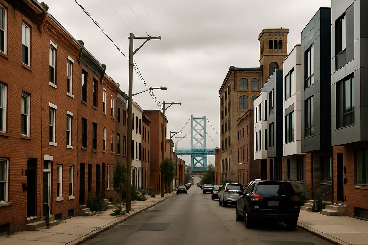 Fishtown street mixing old brick rowhomes and new townhomes near the Delaware River