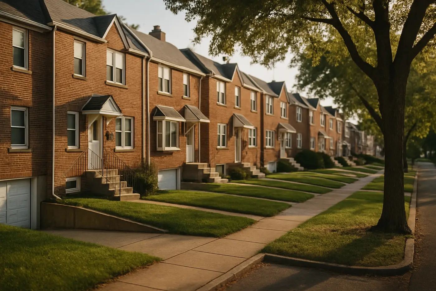 Northeast Philadelphia block of 1950s brick rowhomes with front lawns and driveways