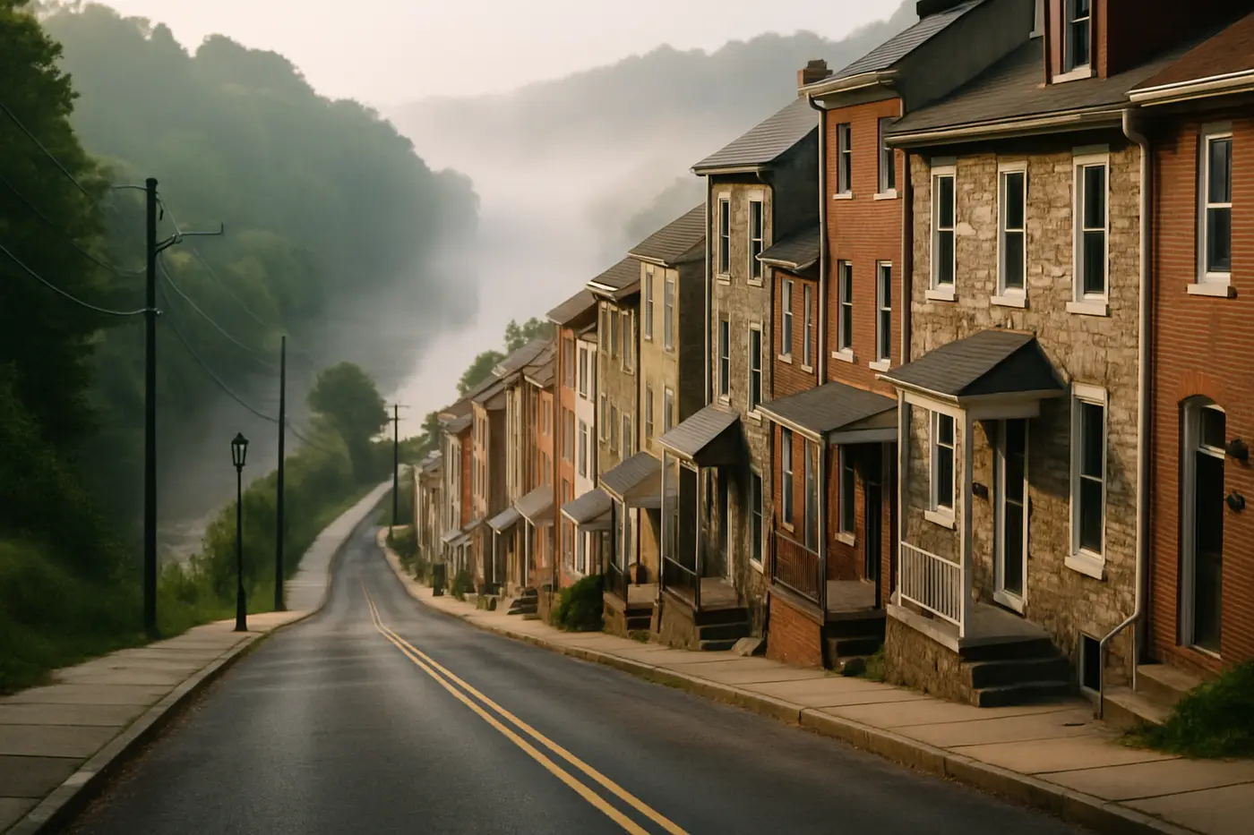 Manayunk hillside rowhomes above the Schuylkill River and the canal towpath