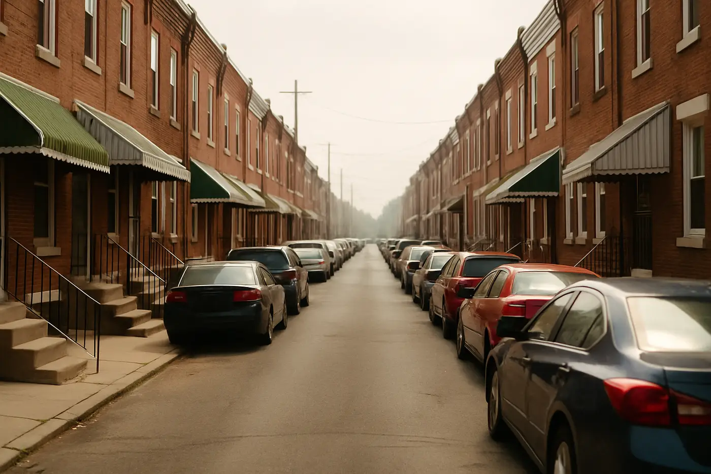 South Philadelphia block of two-story brick rowhomes after summer rain