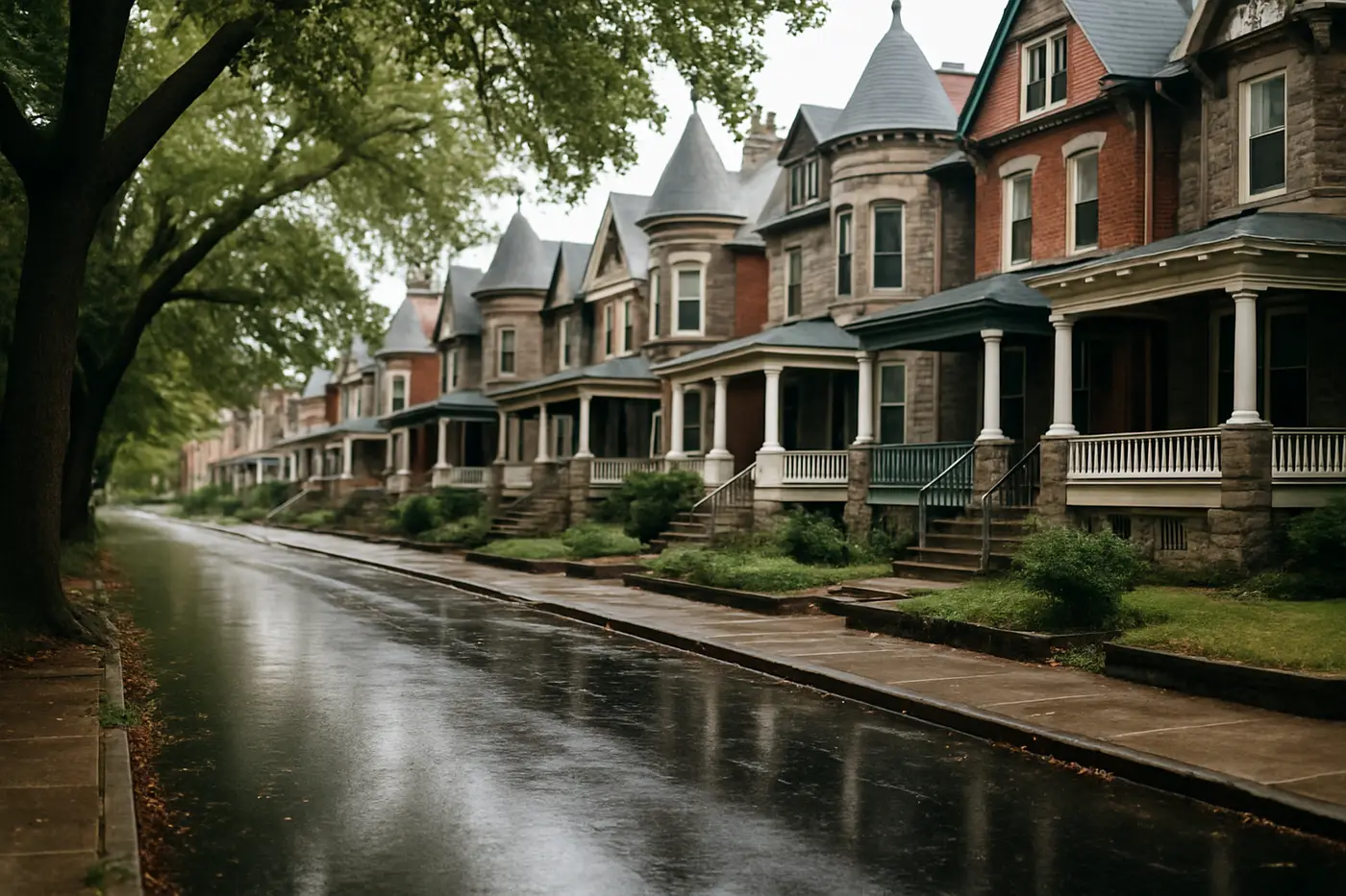 West Philadelphia street of Victorian twins and porch-front rowhomes under mature trees