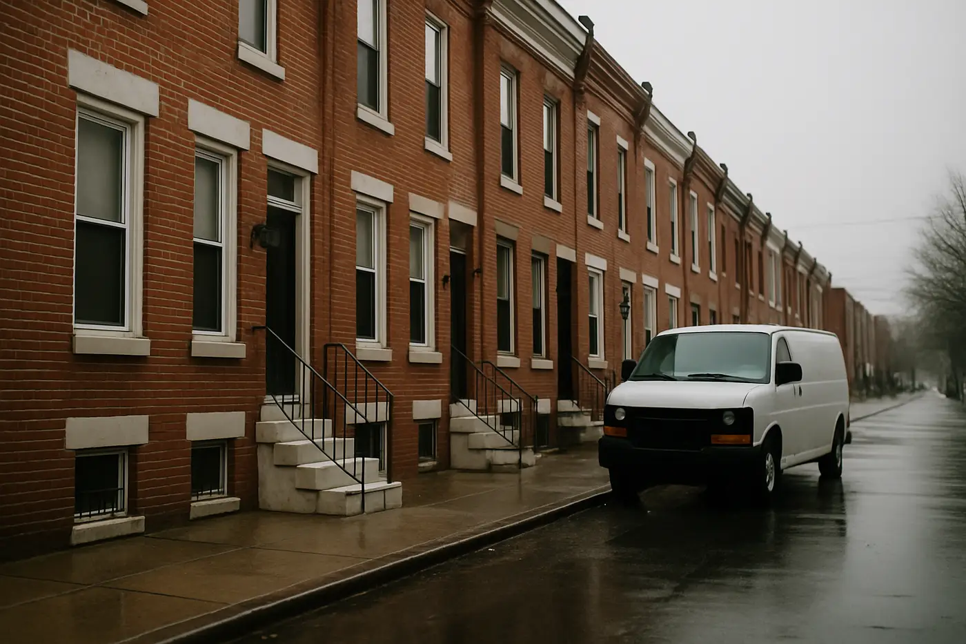 Block of brick rowhomes in Philadelphia with a work van parked at the curb