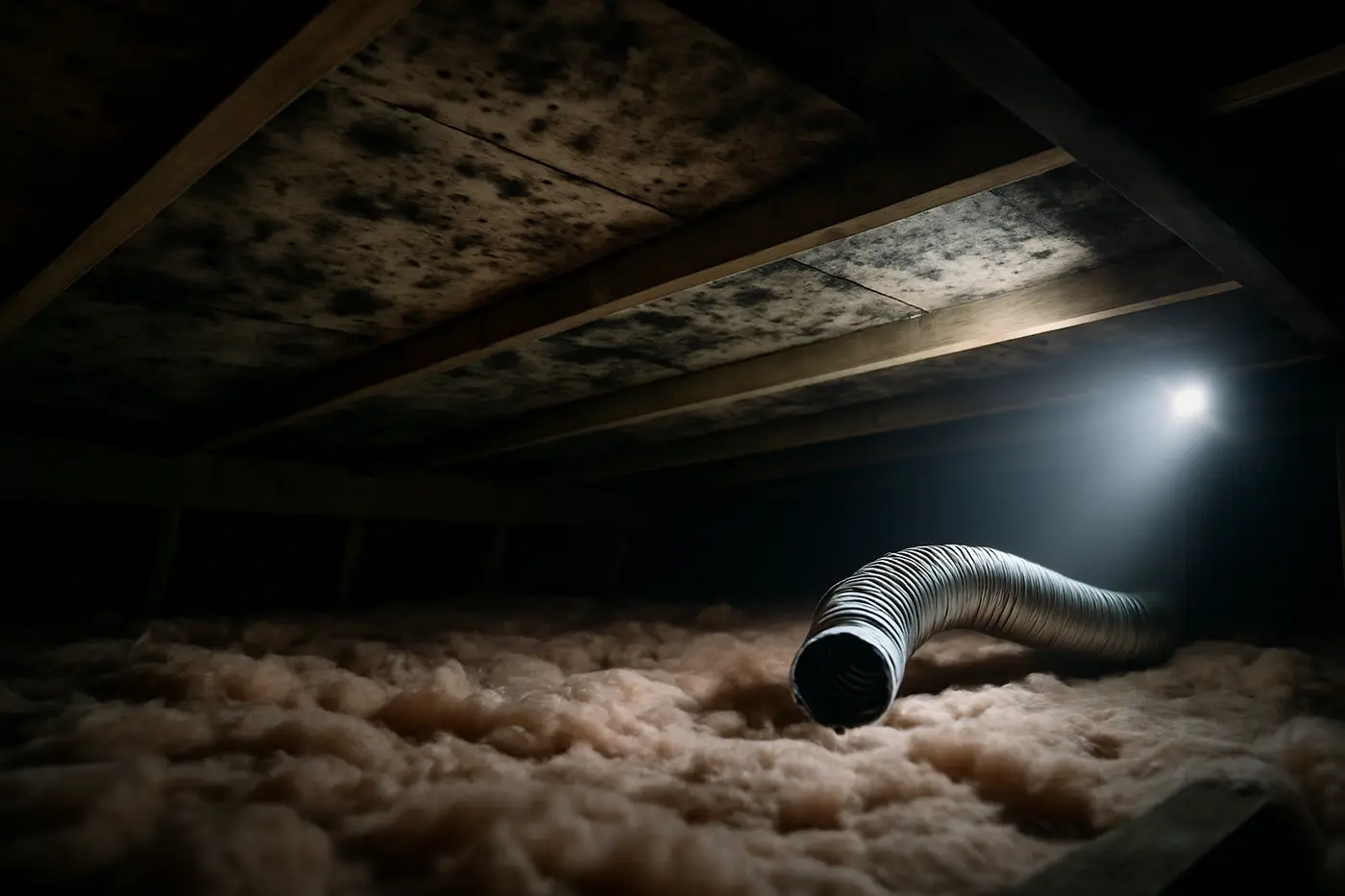 Mold on roof sheathing in a Philadelphia rowhome attic beneath a flat roof