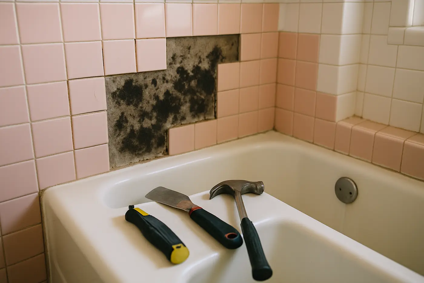 Mold behind removed tile around a tub surround in a Philadelphia bathroom