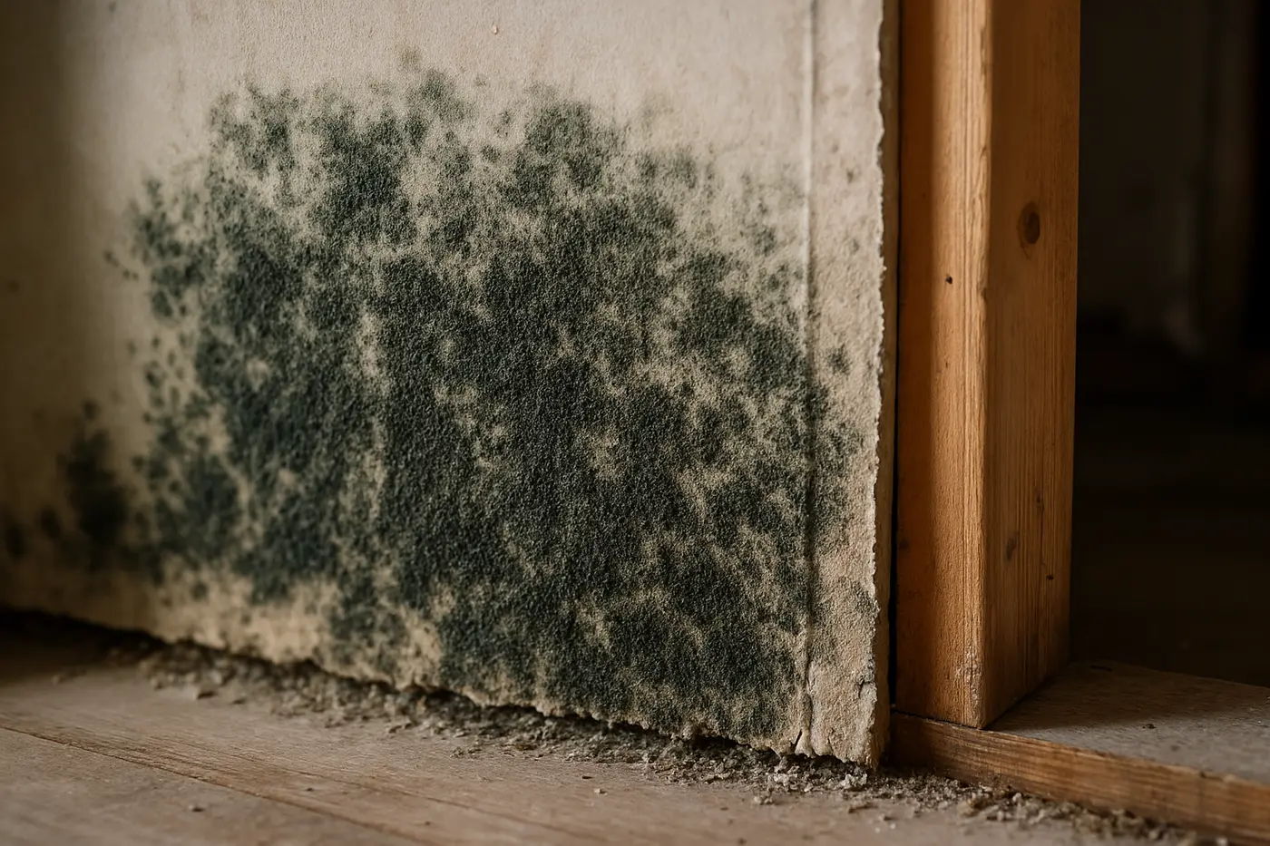 Dark mold growth on wet drywall behind a removed baseboard in a Philadelphia home