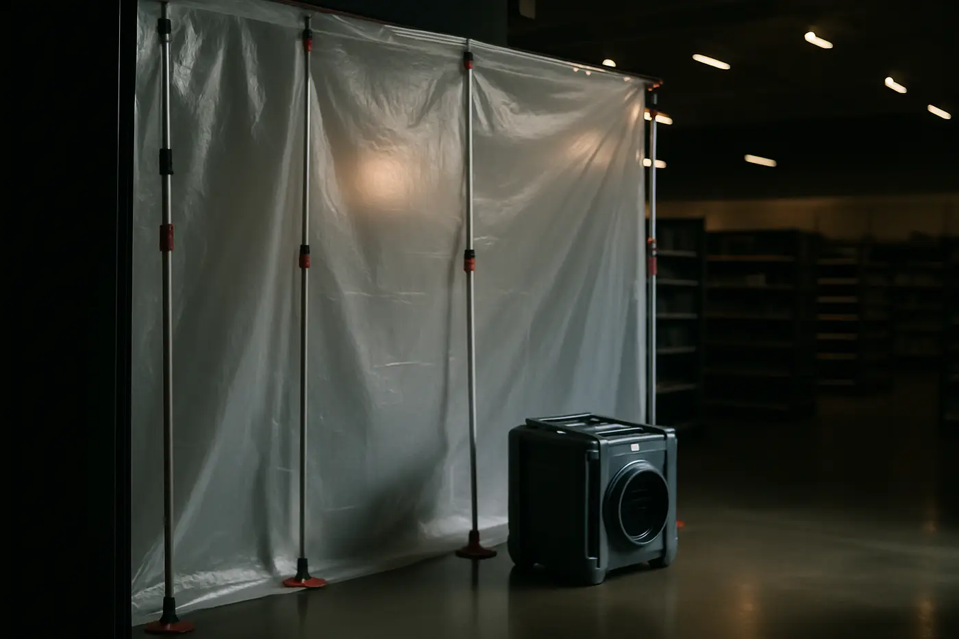 Containment walls in a Philadelphia office suite with ceiling tiles removed above a leak