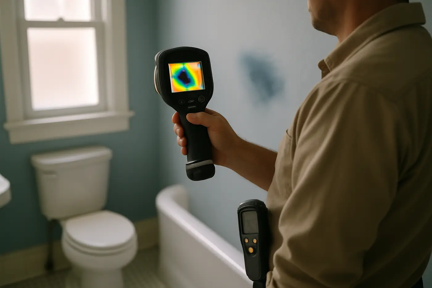 Inspector using a thermal camera and moisture meter on a bathroom wall in a Philadelphia rowhome