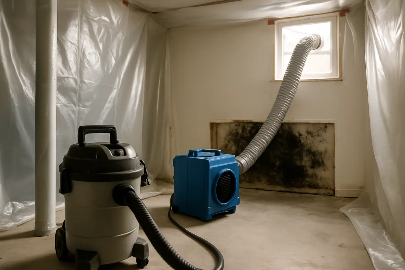 Sealed containment with a negative air machine and mold on the lower wall of a Philadelphia basement