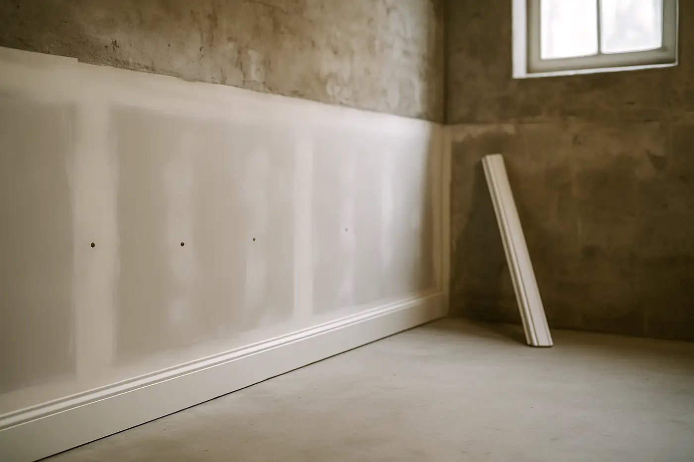 New drywall and primed walls in a Philadelphia basement after mold remediation