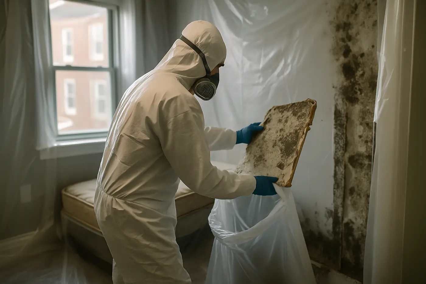 Technician in protective gear removing mold-damaged drywall in a Philadelphia rowhome bedroom