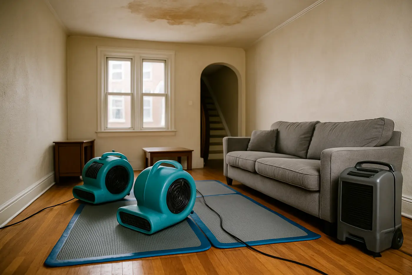 Air movers and a dehumidifier drying a water-damaged living room in a Philadelphia rowhome