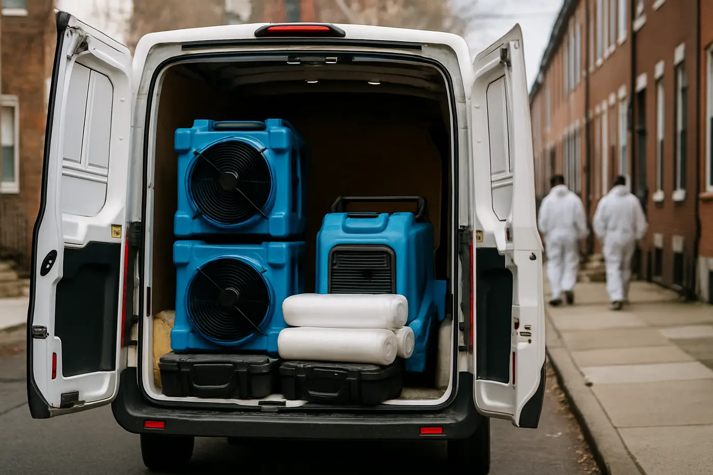 Mold remediation crew loading HEPA air scrubbers and dehumidifiers into a work van on a Philadelphia street