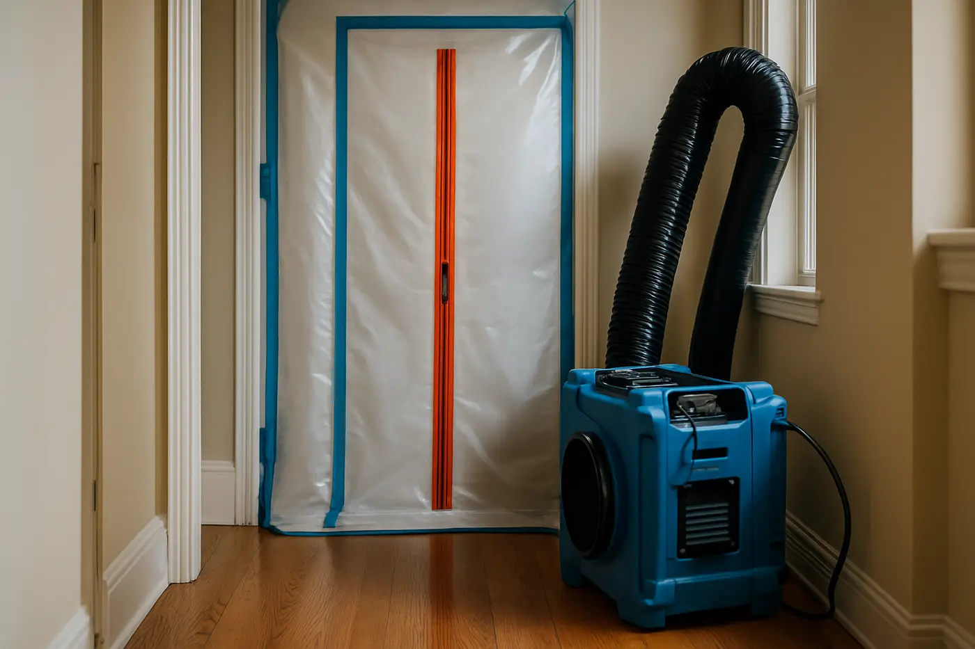 Containment plastic and a HEPA air scrubber set up in a Philadelphia rowhome during mold remediation